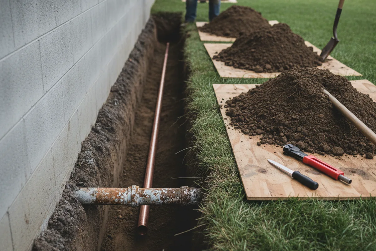 Excavated water line trench during Sewer Line Repair in Evergreen Park